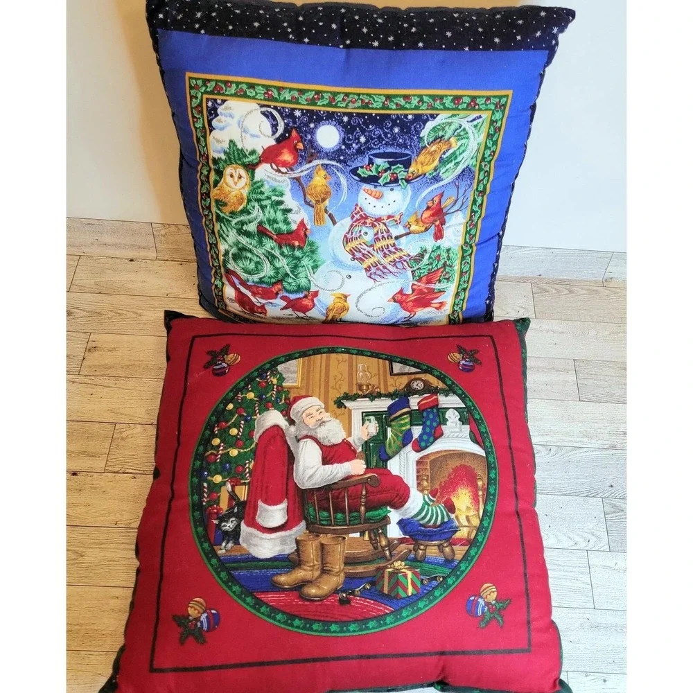 Lot 2 VTG Handmade Christmas Throw Pillow Winter's Tale, Santa Sitting Decor